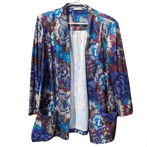 Vintage Tan Jay Floral Silky Open Front Cardigan  with Shoulder Pads Woman 14